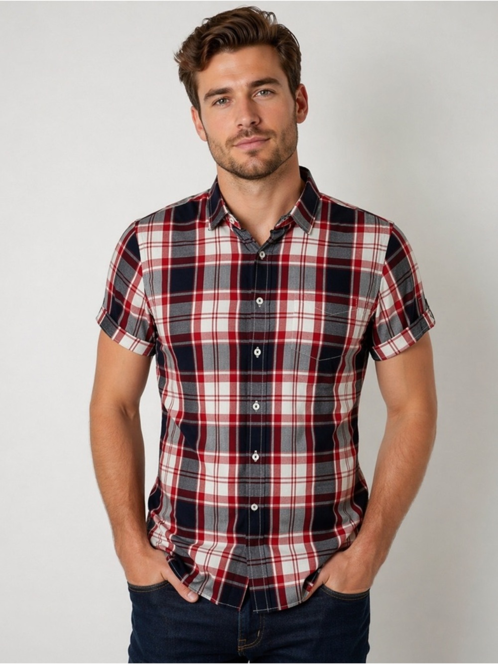 Express Fitted Plaid Short Sleeve Button Down Shirt Men’s Large